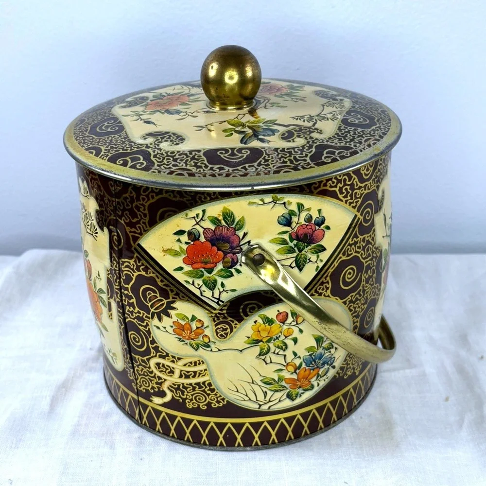 Vintage Container Made in England Floral Chinoiserie Metal Tin with Handle Gold